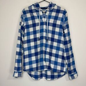 L.L. Bean Blue Plaid Flannel Button Up Hoodie S